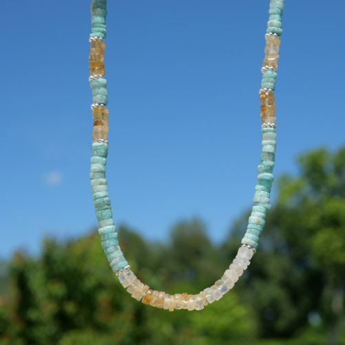 Collier tranches pierres Amazonite et Citrine anneaux argent