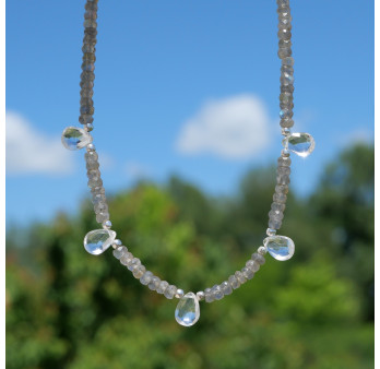 Collier pierres facettées en Labradorite et gouttes Cristal de roche