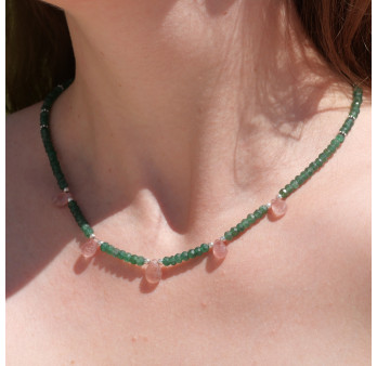 Collier pierres facettées en Quartz strawberry vert et gouttes Quartz strawberry rose