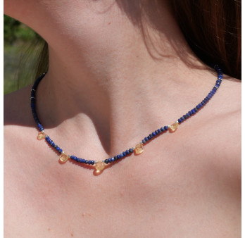 Collier pierres facettées en Lapis lazuli et gouttes Citrine