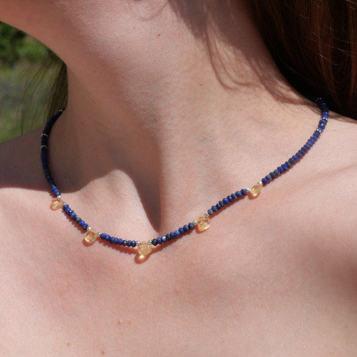 Collier pierres facettées en Lapis lazuli et gouttes Citrine
