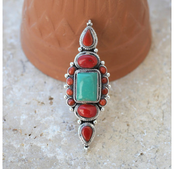 Très longue bague Nepali argent ciselé Corail et Turquoise du Tibet T55 réglable