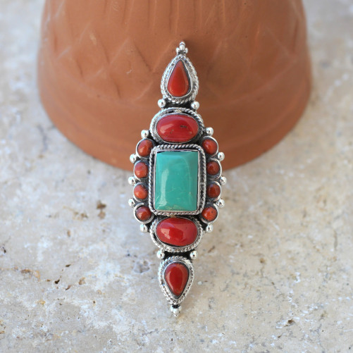 Très longue bague Nepali argent ciselé Corail et Turquoise du Tibet T55 réglable