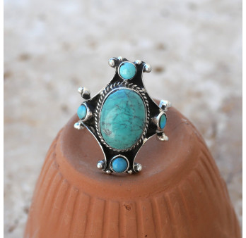 Bague Nepali argent oxydé et Turquoise du Tibet T60