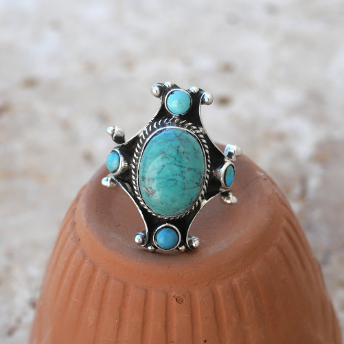 Bague Nepali argent oxydé et Turquoise du Tibet T60