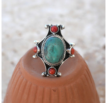 Bague Nepali argent oxydé Corail et Turquoise du Tibet T58