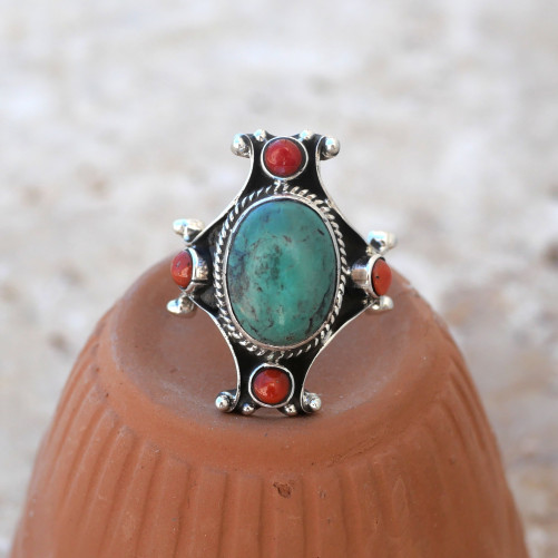 Bague Nepali argent oxydé Corail et Turquoise du Tibet T58