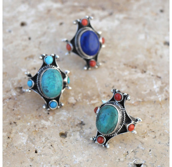 Bague Nepali argent oxydé Corail et Turquoise du Tibet T58