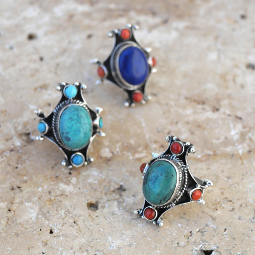 Bague Nepali argent oxydé Corail et Turquoise du Tibet T58