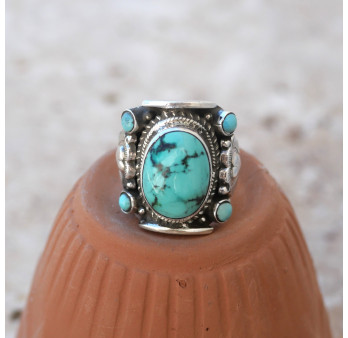 Anneau large Nepali argent ciselé et Turquoise du Tibet T59