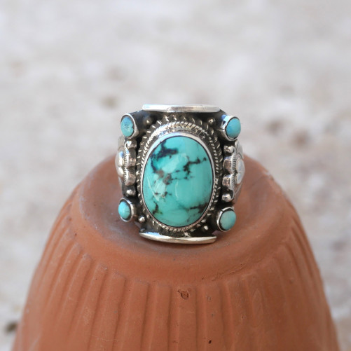 Anneau large Nepali argent ciselé et Turquoise du Tibet T59