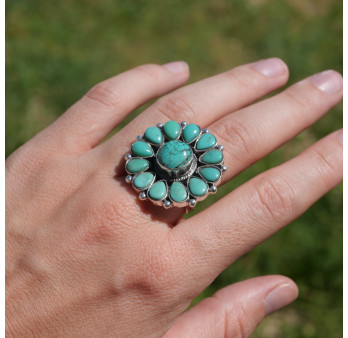 Grosse bague fleur en argent et 13 pierres en Turquoise T57 réglable