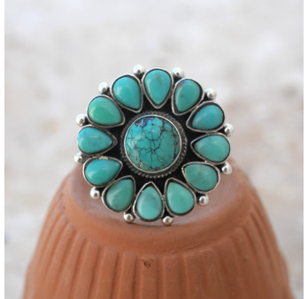Grosse bague fleur en argent et 13 pierres en Turquoise T57 réglable