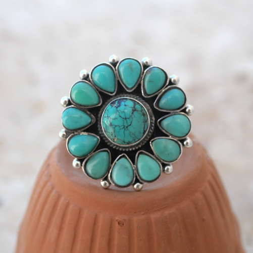 Grosse bague fleur en argent et 13 pierres en Turquoise T57 réglable