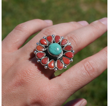 Grosse bague fleur en argent pierres Turquoise et Corail T58 réglable