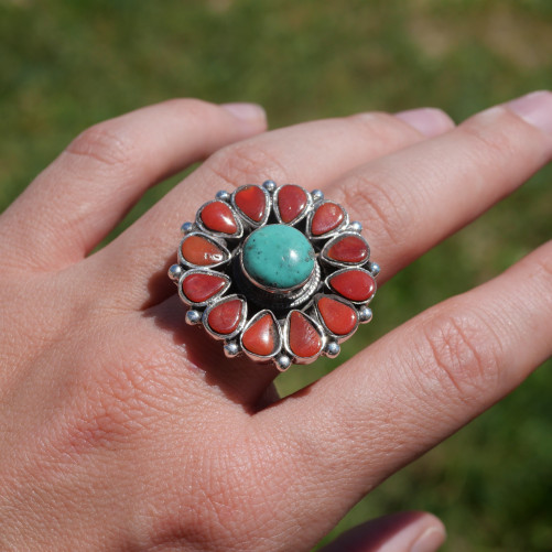 Grosse bague fleur en argent pierres Turquoise et Corail T58 réglable