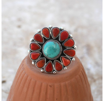 Grosse bague fleur en argent pierres Turquoise et Corail T58 réglable