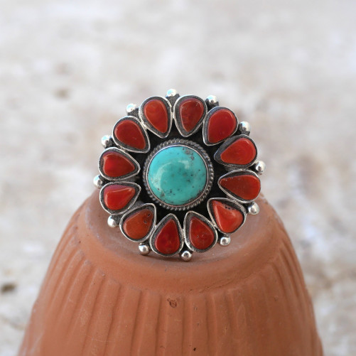 Grosse bague fleur en argent pierres Turquoise et Corail T58 réglable