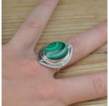 Bague argent ciselé pointes et pierre Malachite (vert) T58