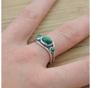 Bague asymétrique argent et 3 pierres Malachite T60