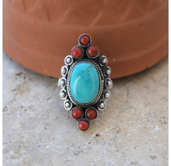 Bague allongée argent ciselé de boules, Corail et Turquoise T53