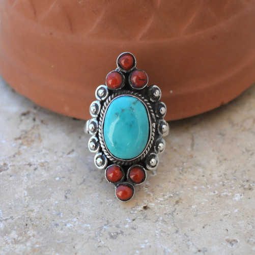 Bague allongée argent ciselé de boules, Corail et Turquoise T53