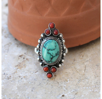 Bague allongée argent ciselé de boules, Corail et Turquoise du Tibet T56