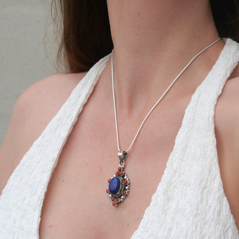 Pendentif Nepali Corail rouge et Lapis lazuli