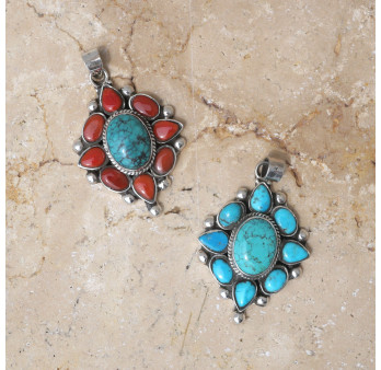 Pendentif Nepali boules d'argent Corail et pierre Turquoise