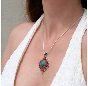 Pendentif Nepali boules d'argent Corail et pierre Turquoise