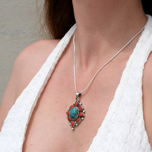Pendentif Nepali boules d'argent Corail et pierre Turquoise