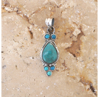 Pendentif allongé argent strié et Turquoise du Tibet
