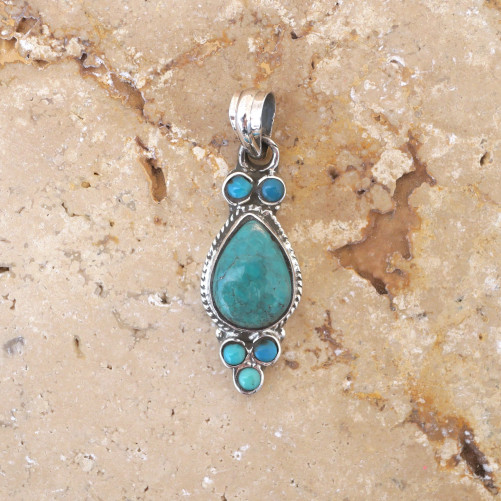 Pendentif allongé argent strié et Turquoise du Tibet