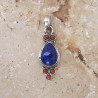 Pendentif allongé argent strié Lapis lazuli et Corail rouge