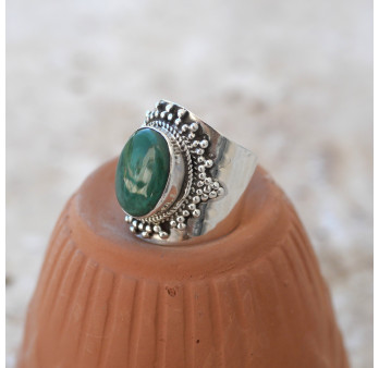 Bague large argent ciselé de boules et Turquoise ovale T59