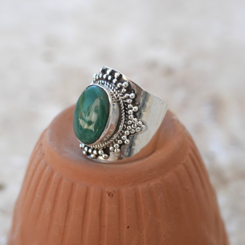 Bague large argent ciselé de boules et Turquoise ovale T59