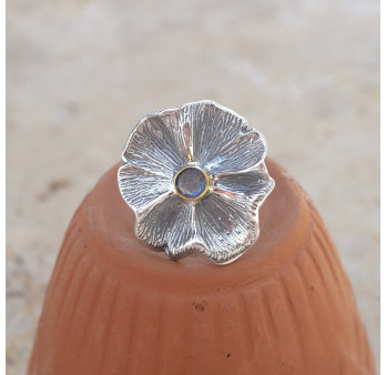 Bague fleur argent et pierre ronde en Labradorite T54