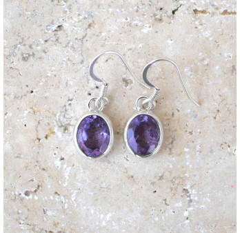 Boucles d'oreilles ovales argent lisse et pierre Améthyste