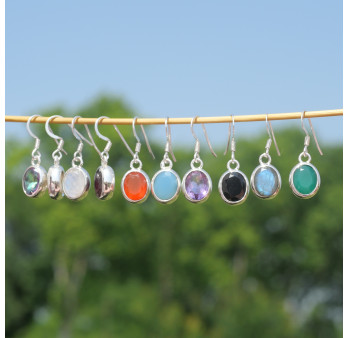 Boucles d'oreilles ovales argent lisse et pierre Agate verte