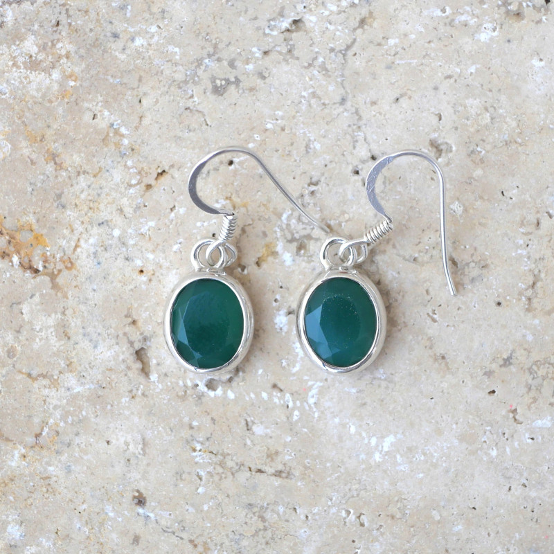 Boucles d'oreilles ovales argent lisse et pierre Agate verte