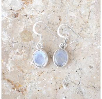 Boucles d'oreilles ovales argent lisse et Pierre de lune irisée