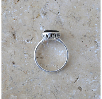 Bague fine argent ajouré et pierre Onyx noir haute T54