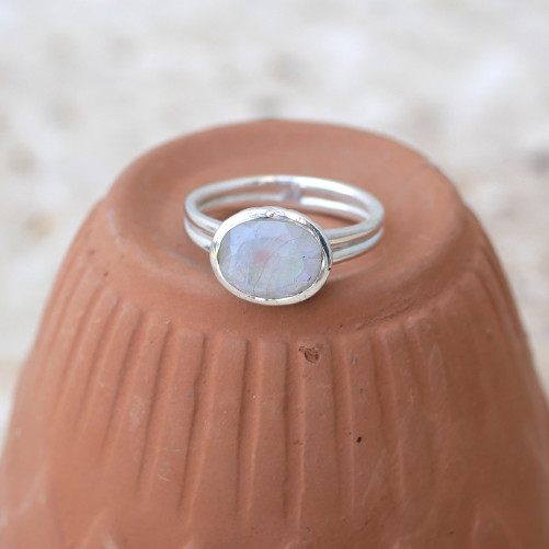Bague fine argent ajouré et Pierre de lune haute T56