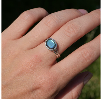 Bague fine argent ajouré et pierre Labradorite haute T58