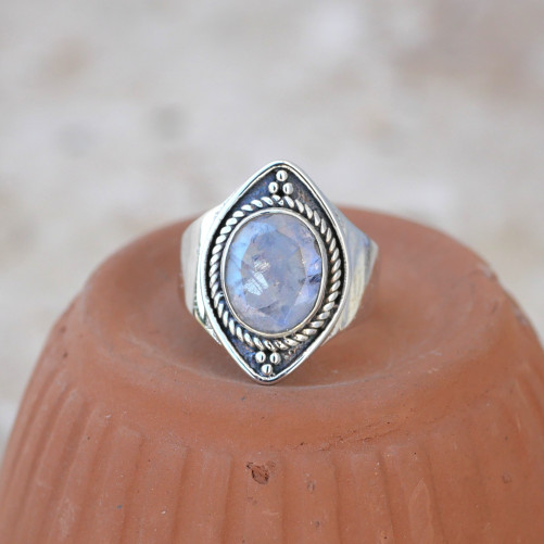 Anneau pointes argent et Pierre de lune T51