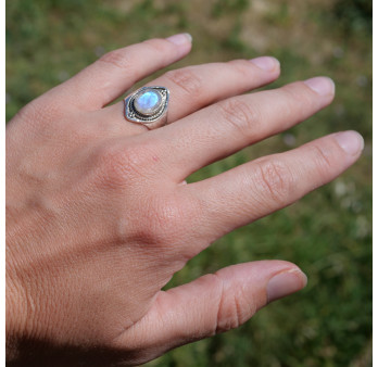 Anneau pointes argent et Pierre de lune T51