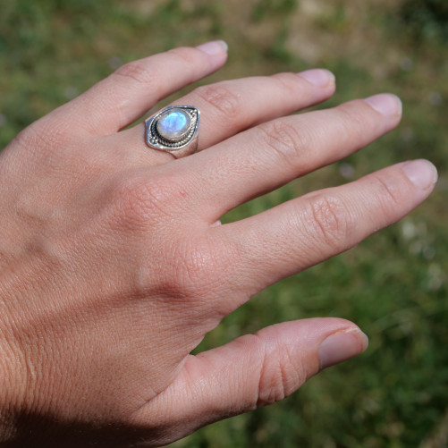 Anneau pointes argent et Pierre de lune T51