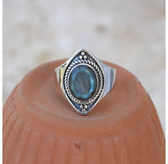 Anneau pointes argent et pierre Labradorite T54