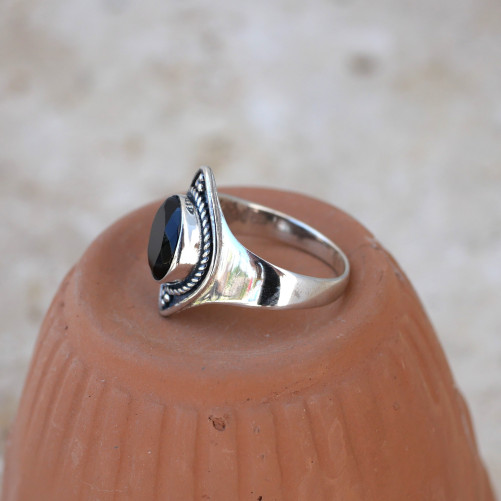 Anneau pointes argent et pierre Onyx noir T60