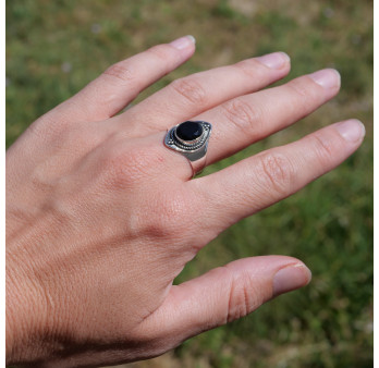 Anneau pointes argent et pierre Onyx noir T60